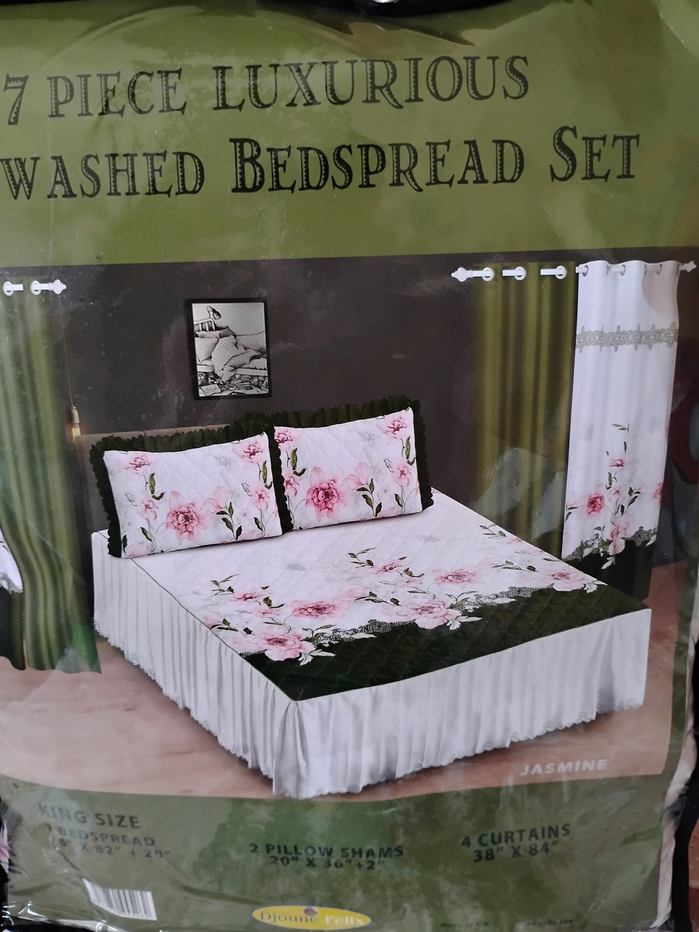 Jasmine Floral Washed Bedspread Set in White, Pink & Green